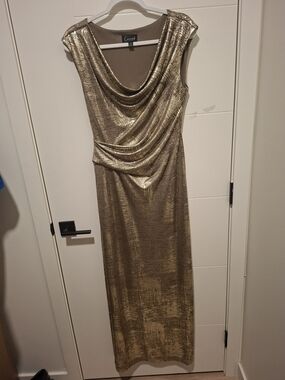 connected apparel Metallic Gold Draped Cowl Maxi Dress